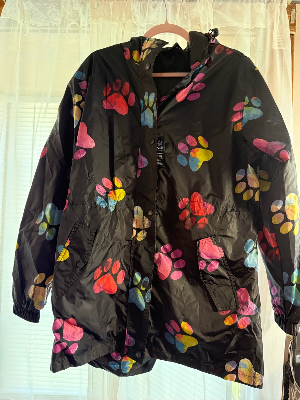 Black Hooded Raincoat with Multicolor Paw Prints